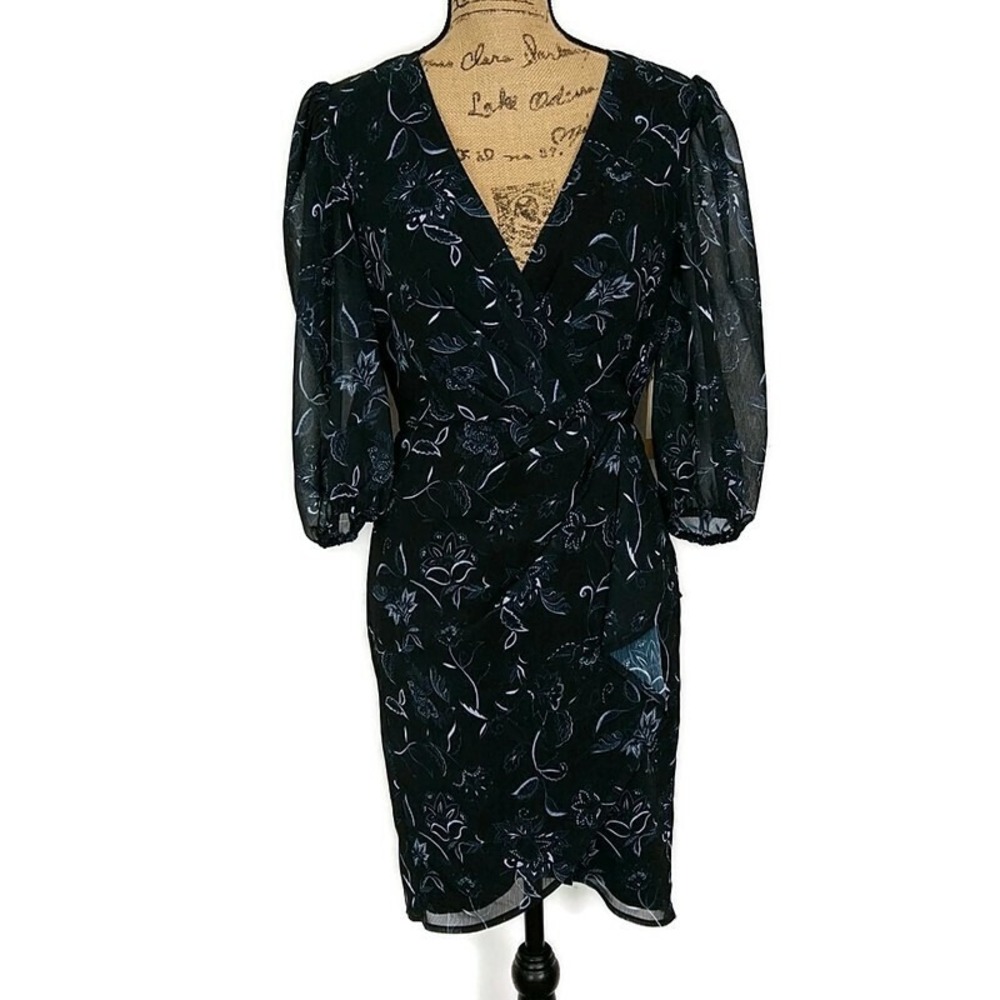 NWT Halogen Womens S Faux Wrap Dress Black Blue Floral 3/4 Sheer Sleeve V Neck